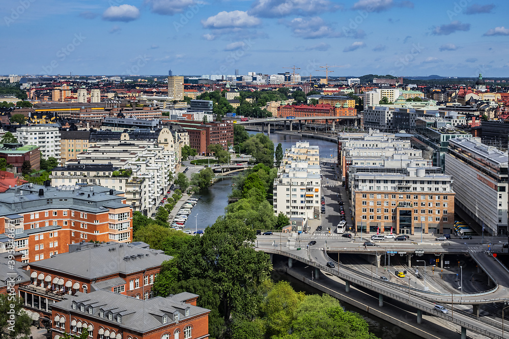 Fototapeta premium Beautiful aerial view of Stockholm Old town (Gamla Stan) from the observation deck at the City Hall (Stadshuset). Stockholm, Sweden.