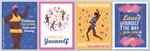 Body positive topic banners set with motivational slogans and cartoon women, flat vector illustration. Body self acceptance and natural beauty movement cards.