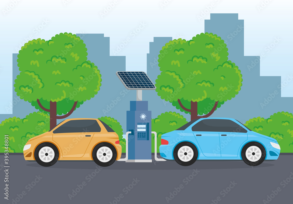 electric cars ecology alternative in chargin station scene vector illustration design