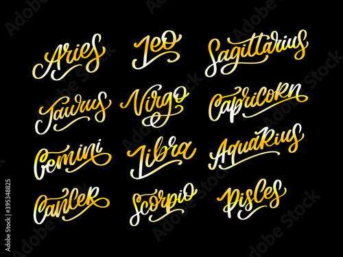 Zodiac lettering Vector Sign. Cartoon astrology text illustration. Horoscope handwritten icon set.