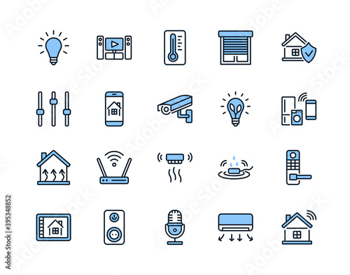 Smart house system flat line icon set blue color. Vector illustration wireless home control and remote monitoring. Editable strokes.