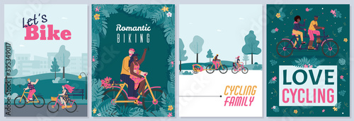 Banners with cartoon couples on a bike ride, flat vector illustrations on bright background. Cycling and activity cards or posters collection with men and women cyclists.