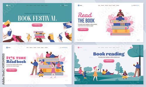 Website banners set for book festival and literature events with people characters, flat cartoon vector illustration. Book shop or fair web pages templates bundle.
