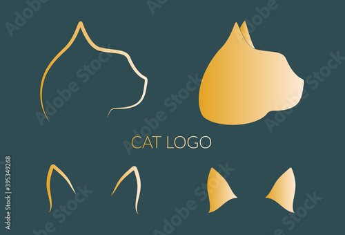 Vector cat face in profile and cat ears in trendy colors Set Sail Champagne and Fortuna Gold. Minimalistic logos for veterinary and zoo topics.