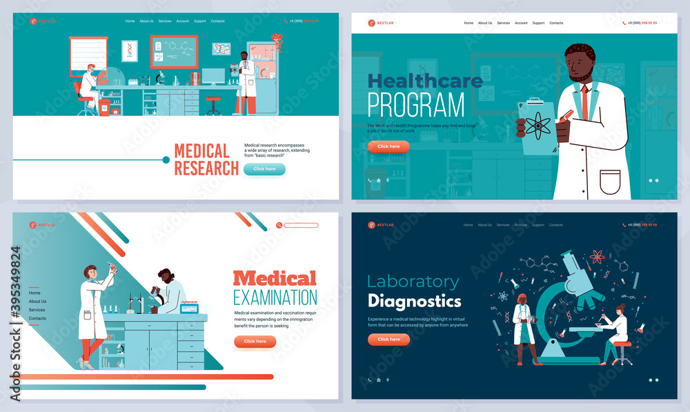 Set of vector landing page templates with people working in hospital laboratory for clinical analyzes, diagnostic and medical examinations. Medicine and pharmaceutical researches