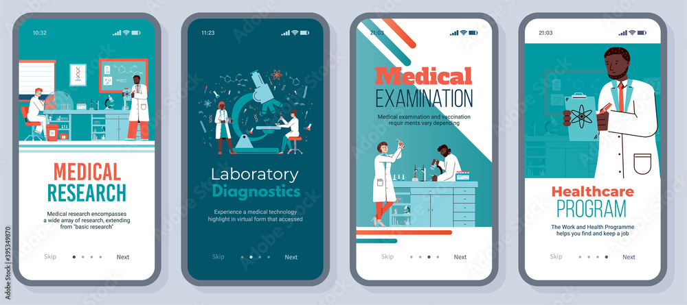 Mobile app interface on phone screen with people working in hospital laboratory and making clinical tests, diagnostic, analysis, medical examinations and pharmaceutical researches.
