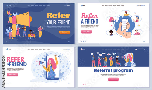 Refer a friend banners for website or landing page set, flat cartoon vector illustration. Referral marketing program of customers recommendations, web banners kit.