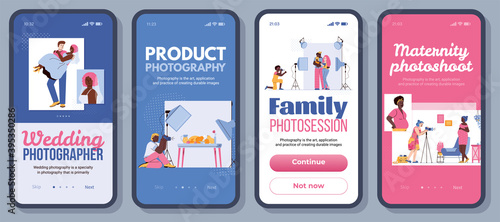 Photography app banner set - cartoon people on photo shoot. Phone screens with photographer and models shooting pictures, vector illustration of mobile applications
