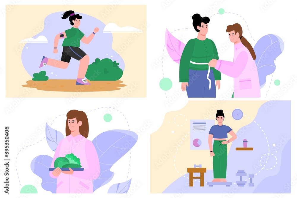 Doctor nutritionist examines and makes recommendations for an overweight woman. Healthy food, diet, and fitness for loss and control weight. A set of vector illustrations