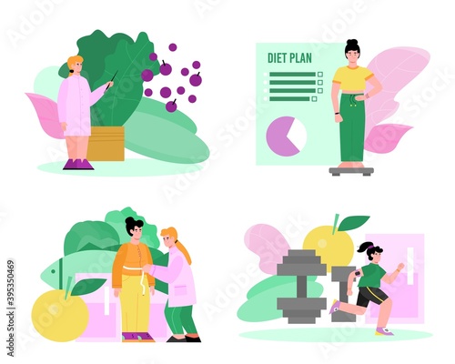 Set of nutritionist or dietician doctor cartoon characters advising patients on theme of healthy eating and dieting, flat vector illustration isolated on white background.