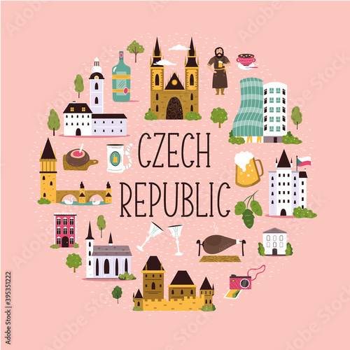 Abstract circle design with landmarks and symbols of Czech Republic.