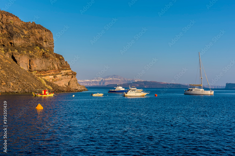 A view from the island of Thirasia, Santorini on a summers evening A view from the island of Thirasia, Santorini on a summers evening