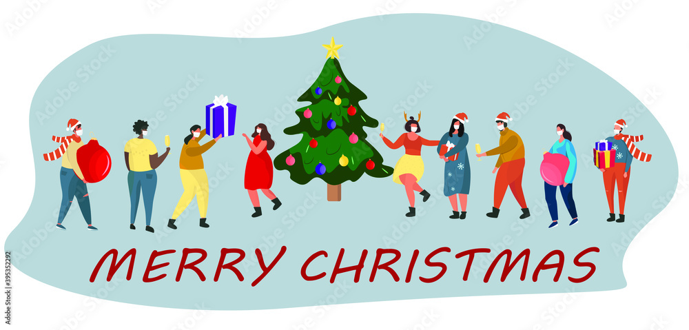 People in Medical Mask Celebrating Christmas and New Year during Quarantine.Christmas Party in Covid 19.Winter Holidays during Coronavirus.Characters in Santa Hats with Tree.Flat Vector Illustration People in Medical Mask Celebrating Christmas and New Year during Quarantine.Christmas Party in Covid 19.Winter Holidays during Coronavirus.Characters in Santa Hats with Tree.Flat Vector Illustration