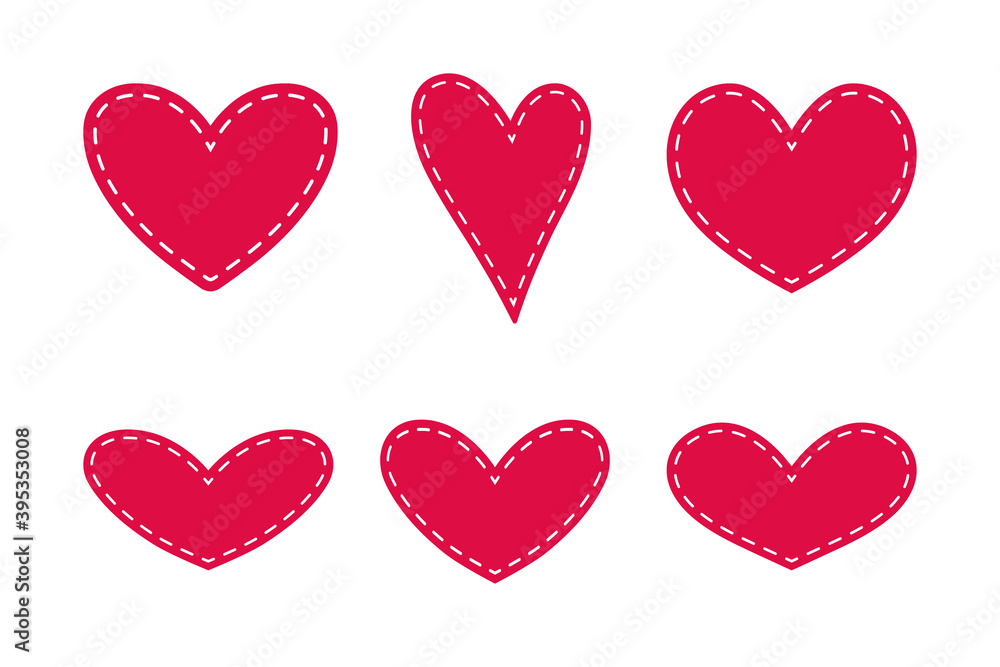 Set of hand drawn red hearts with white dash stroke on white background. Vector illustration. Scribble vector hearts. Love concept for Valentine's Day