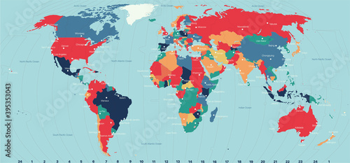 Vector Timezone world map color illustration. Vector editable illustration. Trending color scheme