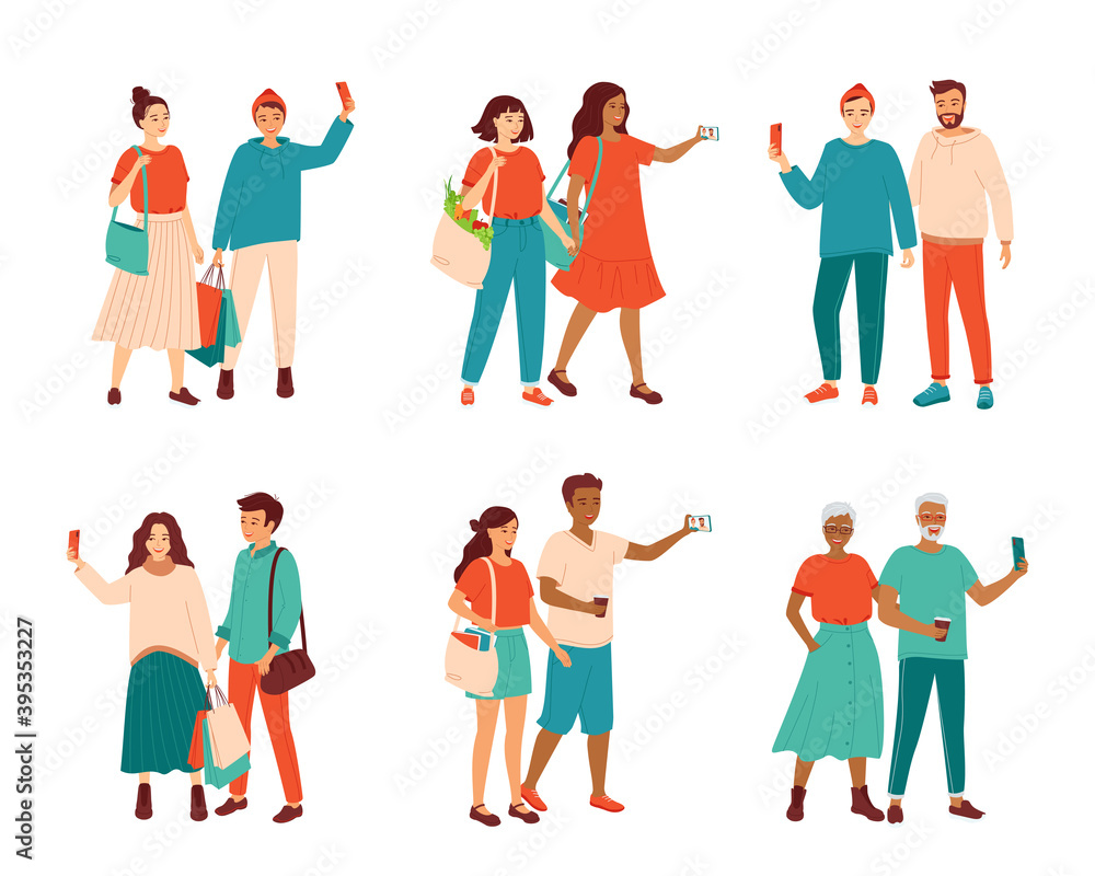 Collection happy couples of people of various ages, nationalities, sexual orientations, diverse families. People take selfies on a smartphone camera, talk on a video call. Isolated vector illustration