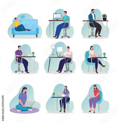 group of people using technology for meeting online in workplaces vector illustration design