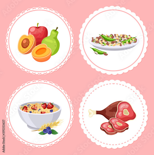 Food collection isolated in circles, healthy meal with vitamins and nutrition, diet food, fresh fruits apple, pear and apricot, legumes and beans, oatmeal with strawberries and blueberries, red meat