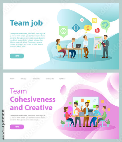 Team job, team cohesiveness and creative, landing page of website, office workers colleagues discussing new idea or plan, analysing financial statistics, build strategy, teamwork, brainstorming