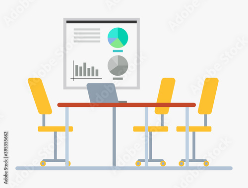 Conference hall vector, empty working place with whiteboard and diagrams visual representation and charts. Laptop computer on table and yellow chairs