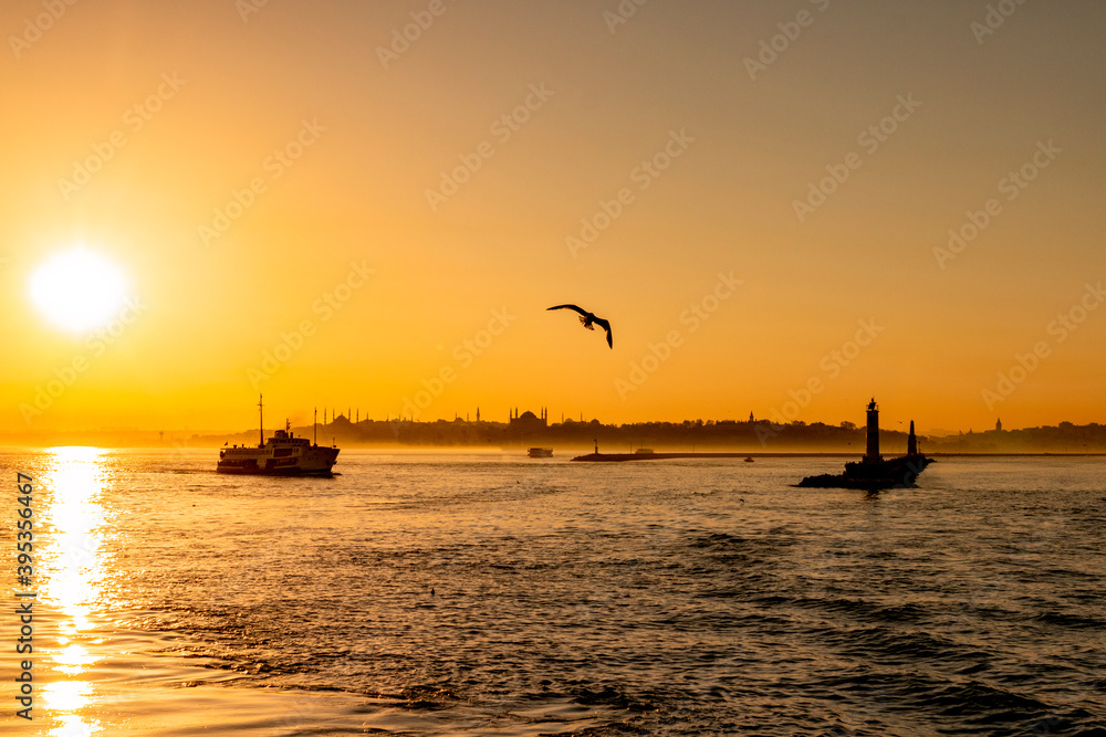 beautiful silhouette of istanbul city at sunset