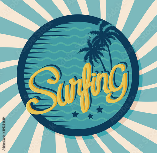 surfing vintage banner with tree palms circular frame vector illustration design