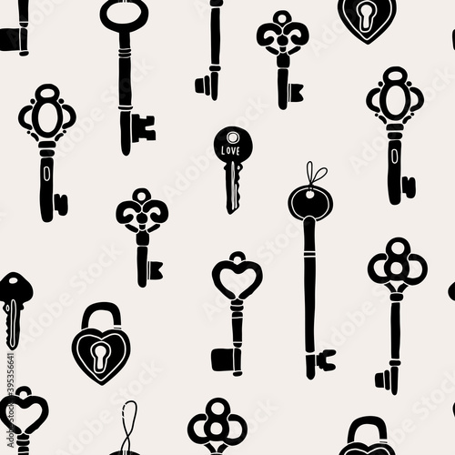 Hand drawn Vector Keys. Various vintage, antique and modern Keys. Different types, sizes. Square Seamless pattern. Background, Wallpaper, wrapping paper, poster template