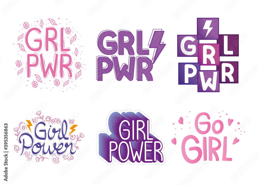 six girl power letterings set vector illustration design