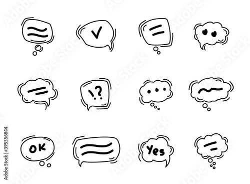 Black Speech bubble line icons. Hand drawn doodle. Dialog speech bubbles on white background. mobile technology, ok, yes, question and exclamation mark. Vector illustration.