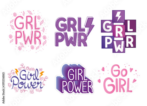 six girl power letterings set vector illustration design
