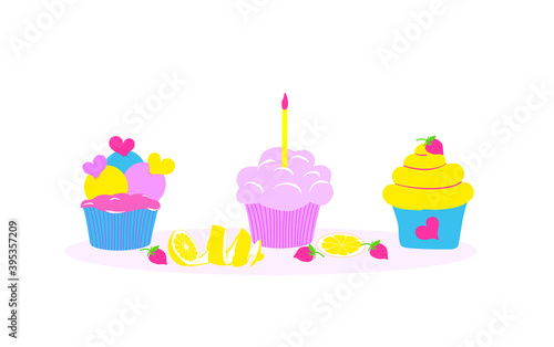 Sweets  cupcakes with lemon peel for birthday sweets decoration. Flat vector illustration  isolated objects.