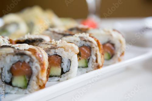 Japanese sushi rolls served for lunch
