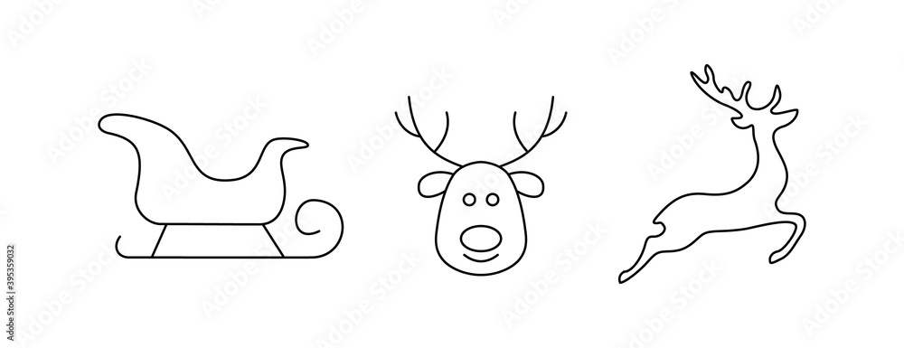 Vector drawing of a set of Christmas symbols of Christmas deer, Santa sleigh with lines on a light background. Vector drawing of a set of Christmas symbols of Christmas deer, Santa sleigh with lines on a light background.