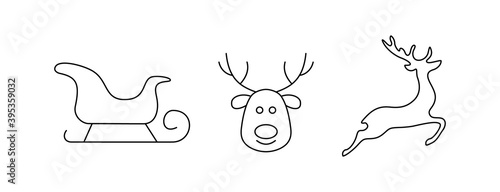 Vector drawing of a set of Christmas symbols of Christmas deer, Santa sleigh with lines on a light background.