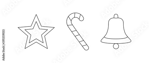 Vector drawing with a set of Christmas symbols Christmas star, Christmas bell and Christmas lollipop with lines on a light background.