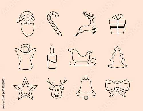 Vector drawing collection of Christmas accessories Christmas bell, reindeer, Santa Claus, gift, bow, candle, star, Christmas tree, sleigh and Christmas angel drawn by lines on a light background.