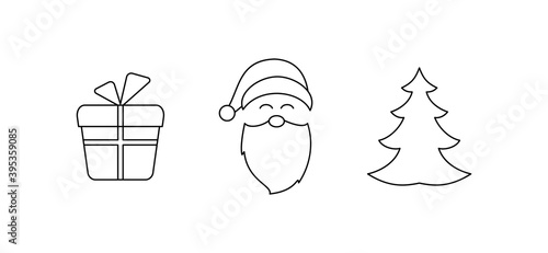 Vector drawing of a set of Christmas symbols of Santa Claus face, gift box and Christmas tree with lines on a light background.