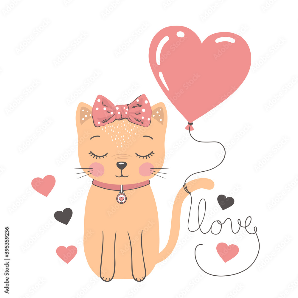 Cute cat girl with balloon heart. Love slogan Cute cat girl with balloon heart. Love slogan