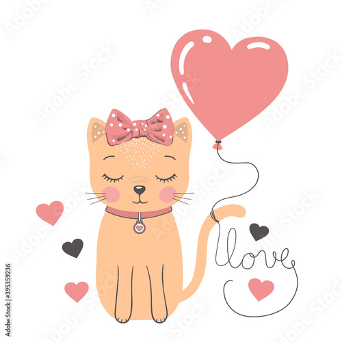 Cute cat girl with balloon heart. Love slogan