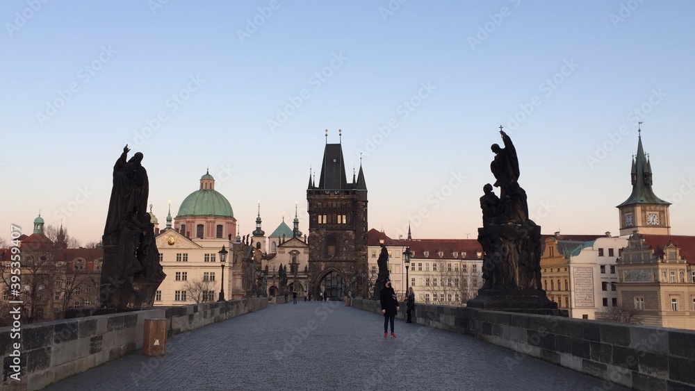 Prague Charles Bridge, the old town in the afternoon in Spring. 