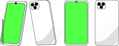 Back and the front side of the smartphone. Black screen of the phone inclined and flat. A place for advertising. Chroma key. Green screen.