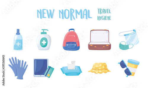 new normal after covid 19, travel hygiene sanitizer gel bag mask gloves and more