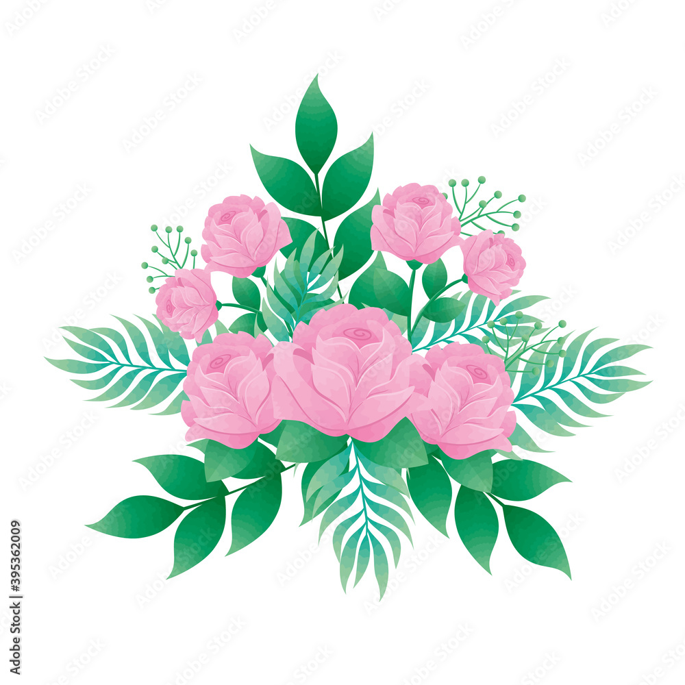 pink color roses flowers and leafs decorative icon vector illustration design