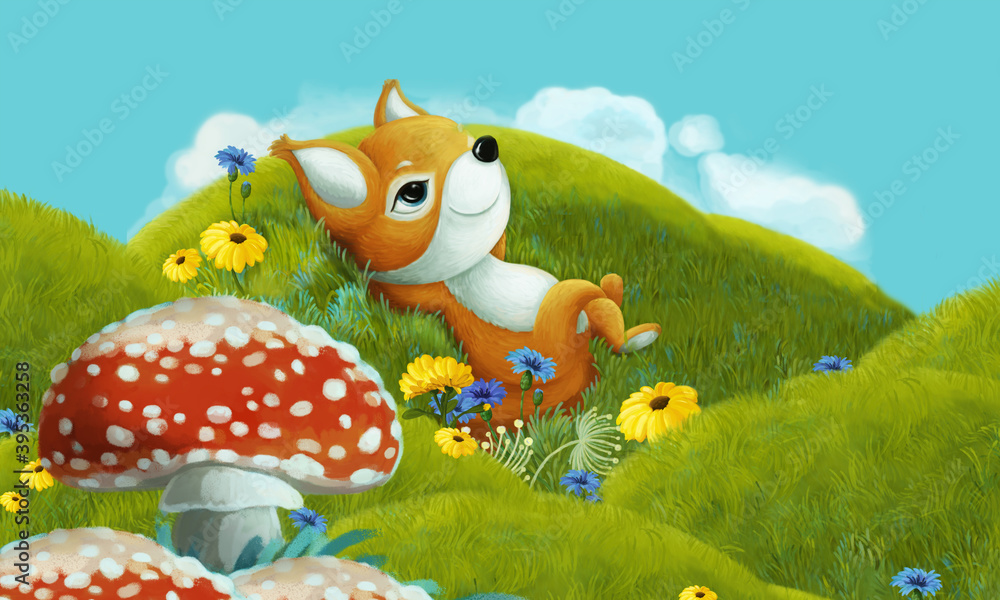 Naklejka premium cartoon scene with forest animal on the meadow having fun - illustration