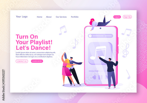 Mobile phone application concept for listening music template for web page. Tiny male and female characters in flat cartoon style enjoy sound composition, choose track on touchscreen phone and dance.