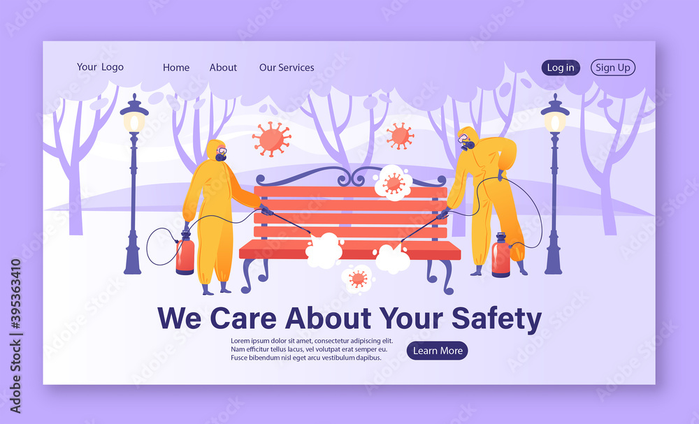 Landing page template with cartoon flat characters spraying disinfectant on a park bench during the global Covid 19 pandemic. People in protective suits are cleaning surfaces from the coronavirus. Landing page template with cartoon flat characters spraying disinfectant on a park bench during the global Covid 19 pandemic. People in protective suits are cleaning surfaces from the coronavirus.