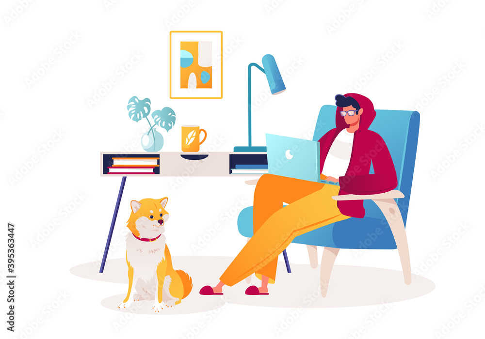Cute vector illustration on remote work, freelance theme. Flat cartoon character working on laptop at home sits in comfortable chair, glasses for monitor. His pet, Shiba Inu dog, is sitting nearby. Cute vector illustration on remote work, freelance theme. Flat cartoon character working on laptop at home sits in comfortable chair, glasses for monitor. His pet, Shiba Inu dog, is sitting nearby.