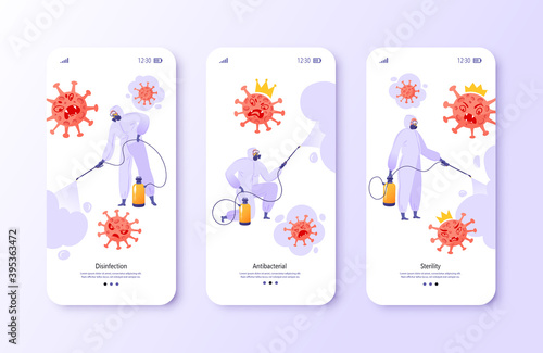 Corona virus fight concept for mobile app page screens recruitment. Cartoon flat people in protective overalls, goggles, respirators, rubber boots and gloves spray antibacterial liquid on evil viruses