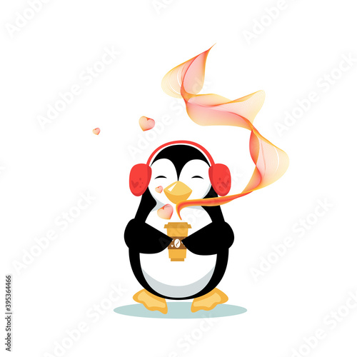 Cartoon Penguin holds cup of coffee. Little cute coffee lover adores coffee smell and taste. Vector illustration on white background.