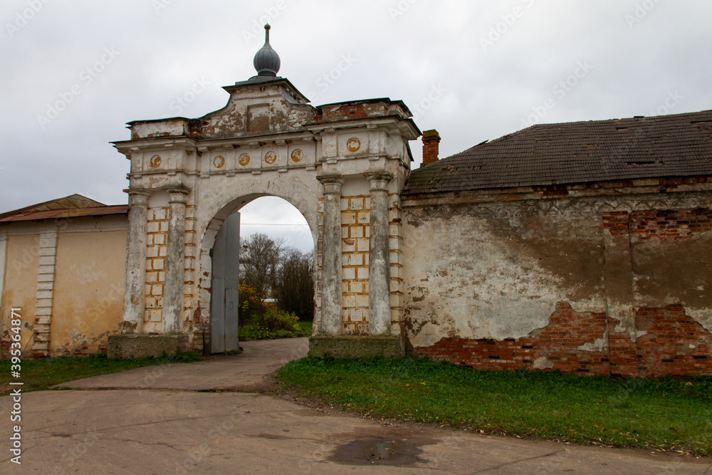 old brick gate of the monastery, Veliky Novgorod, autumn 2020